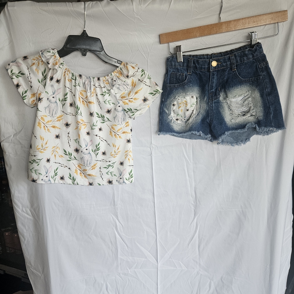 Girls White Bunny Floral Off-Shoulder Top & Distressed Denim Shorts Set
